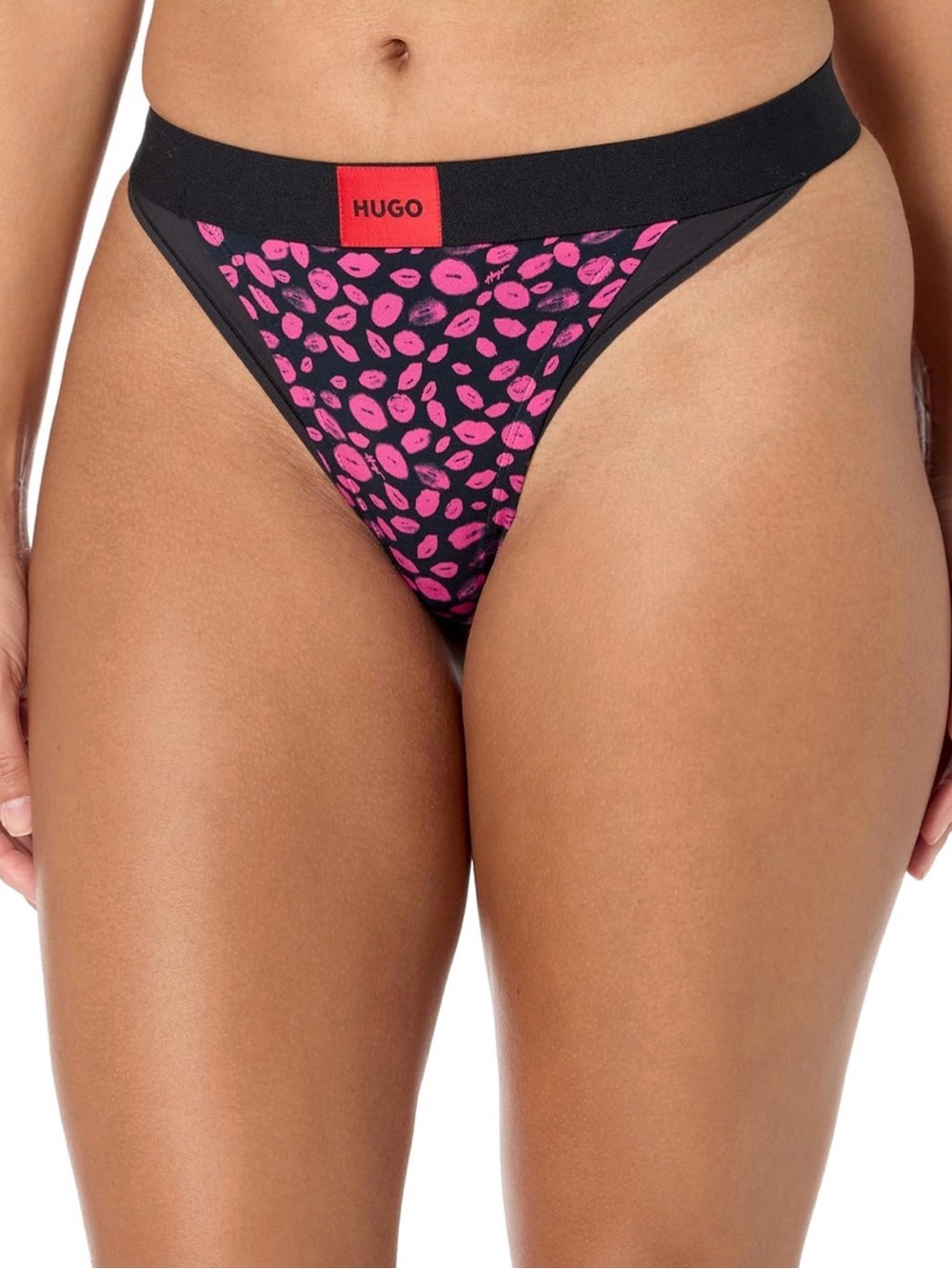 HUGO Black Thong with Pink Lip Print